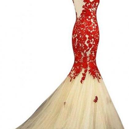 2015 Sexy Long Red Lace Mermaid Prom Evening..