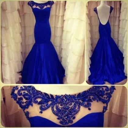 Royal Blue Long Mermaid Sheer Prom Party Dresses..