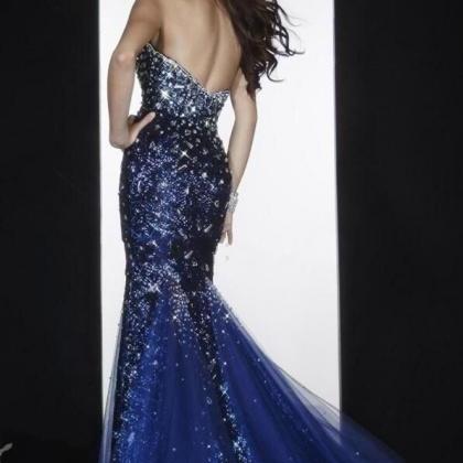 Navy Blue Crystal Luxury Mermaid Prom Party..