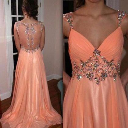 Sexy V Neck Long Coral Chiffon Sequins Prom Party..