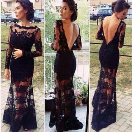 Long Sleeve Black Lace Prom Dresses 2016 Sexy..