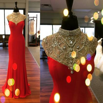 High Neck Luxury Crystal Red Long Prom Dresses,..