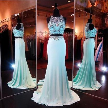 Two Pieces Long Prom Dress, Luxury Crystal Elegant..