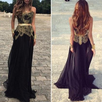 Long Black Prom Dresses, Sexy Backless Golden Lace..