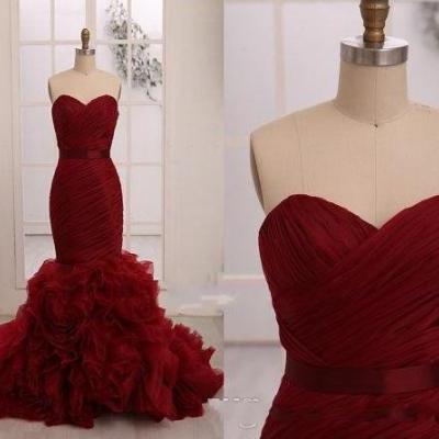 2015 Long Burgundy Prom Dresses With Belt Sashes Sexy Backless Mermaid Designer Ruffles Layered Tulle China Formal Evening Dress Gowns
