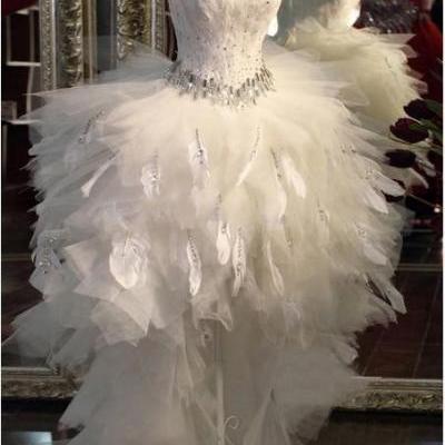 High Low Feather Exquisite Wedding Dresses 2015 Sexy Sweetheart Lace Up Back Cheap Long Prom Evening Dress Custom Made