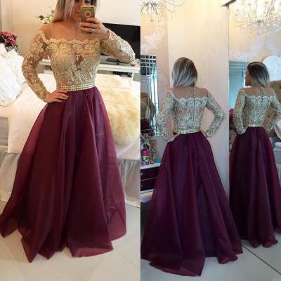 2016 Long Prom Dress, Sexy Sheer Burgundy Prom Dresses, Long Sleeve Sheer Evening Dresses, Golden Sequins Formal Prom Party Dresses, Long Sleeve Celebrity Dresses, A Line Cheap Women Evening Dresses