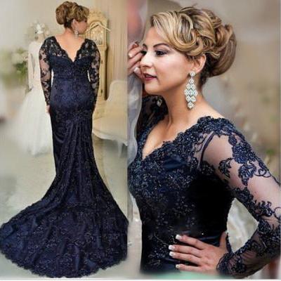 Sexy V Neck Long Mermaid Lace Prom Dresses, 2016 Vintage Navy Blue Lace Evening Dresses , Long Sleeve Formal Evening Dress With Appliques, Sexy Mermaid Sweep Train Elegant Party Dress 2016