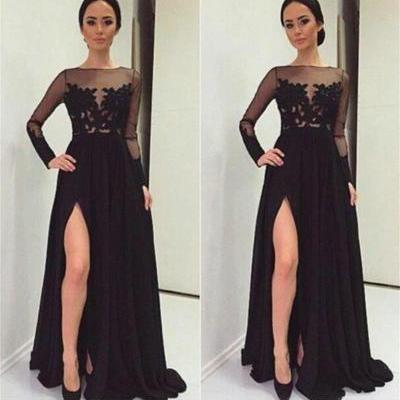Sexy Split Side Long Black Prom Dresses, Long Sleeve Black Lace Formal Evening Dresses, 2016 Sexy See Through Cheap Long Evening Dress, A Line Chiffon Long Prom Party Dresses, Plus Size Elegant Dress For Party