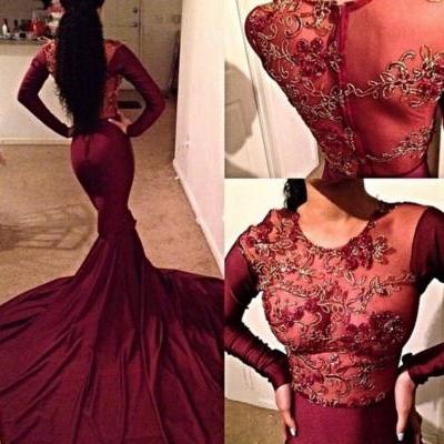 2016 Long Burgundy Prom Dresses, Embroidery Prom Dresses 2016. Sexy See Through Evening Dresses, Long Mermaid Evening Dress, Long Sleeve Prom Party Dresses, Court Train Vintage Evening Dress, Plus Size Evening Dress, Custom Runway Dresses, Cheap Prom Party Dresses With Long Sleeve