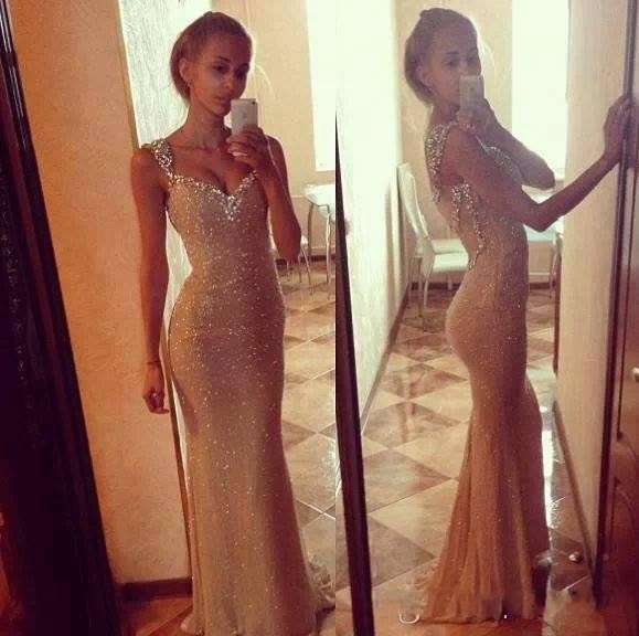 2015 Golden Prom Dress, Sparkly Sequins Party Dress, Mermaid Designer Party Dress, Vestido De Festa 2015. Sexy Backless Evening Dress