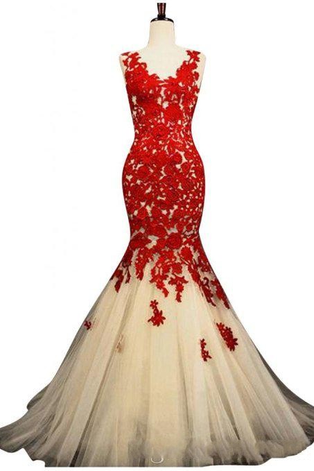 2015 Sexy Long Red Lace Mermaid Prom Evening Dresses Sweep Train Custom Plus Size Vestido De Festa Formal Evening Party Dress