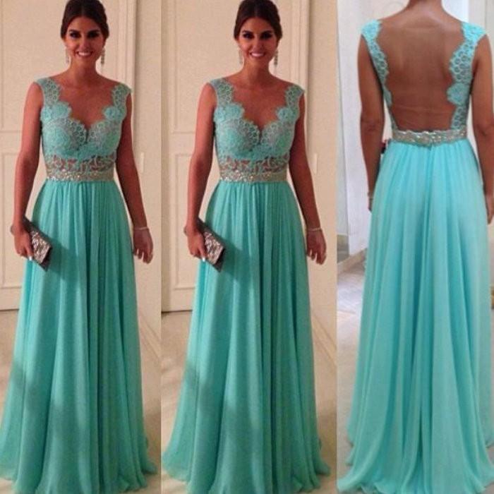 2015 Elegant Turquoise Lace Sheer Prom Evening Dresses A Lien Chiffon Sexy See Through Formal Woman Party Dress