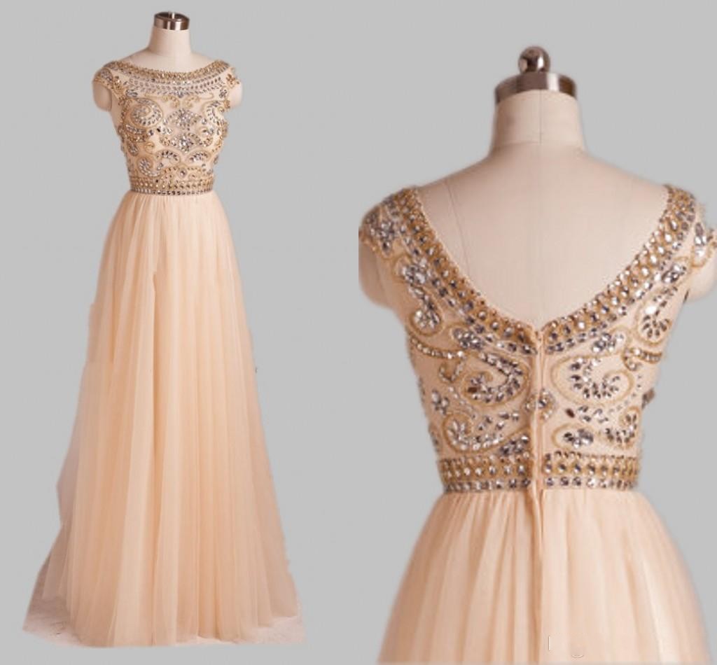 Elegant Champagne Color Sheer Prom Dresses 2015 Sexy Open Back A Line Tulle Beaded Crystal Top Formal Evening Party Dress Custom