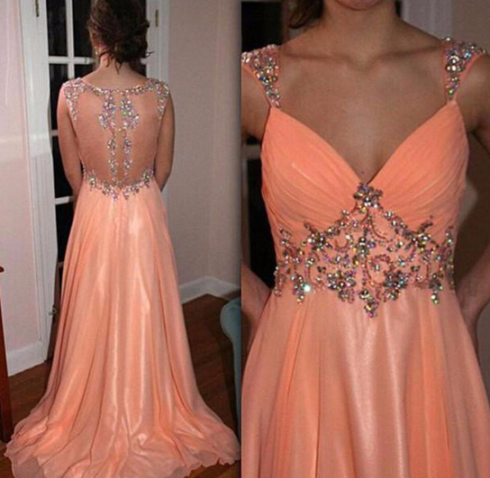 Sexy V Neck Long Coral Chiffon Sequins Prom Party Dresses 2015 Plus Size A Line Floor Length Crystal Top Formal Evening Dress