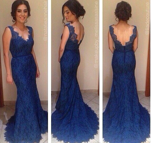 2015 Navy Blue Lace Sheer Prom Dress Sexy V Neck Mermaid Designer Formal Evening Party Dress Plus Size