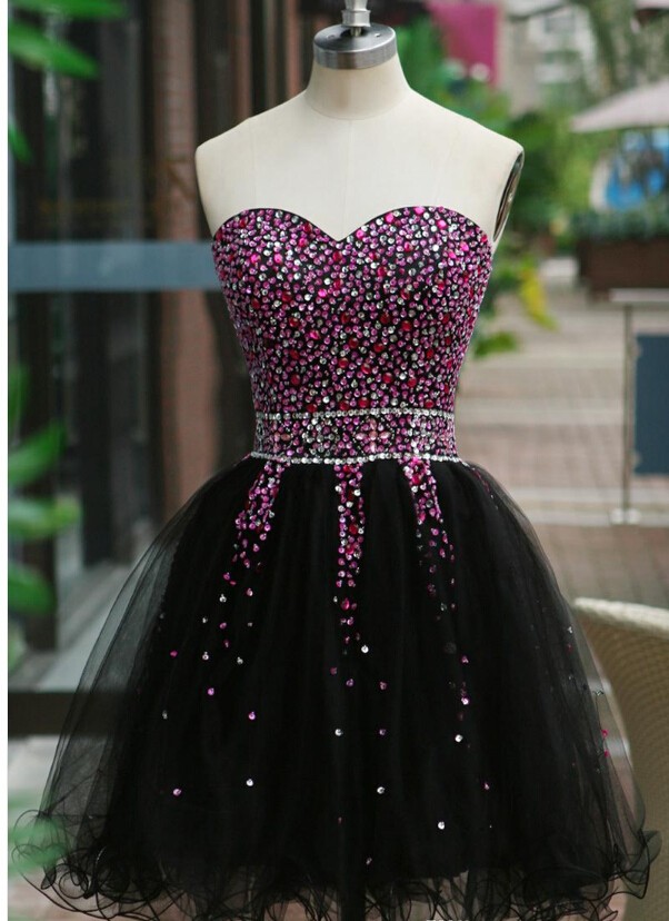 2015 Sweet Ball Gown Short 8th Grade Graduation Dresses With Crystal Top Little Black Short Homecoming Dress Cocktail Gowns