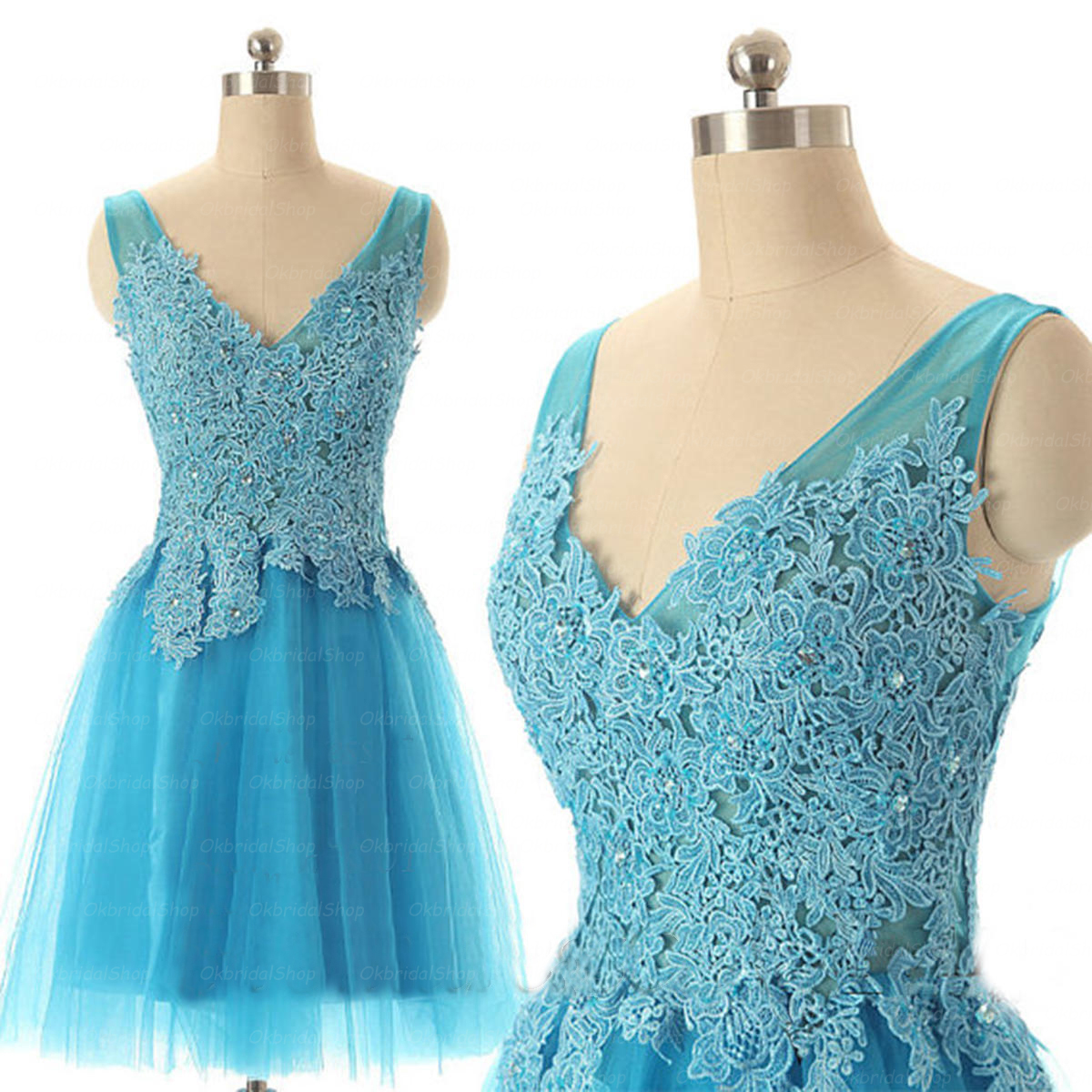 Short Blue Graduation Dress, 2015 Short Prom Dress, Sexy V Neck Party Dress, Lace Prom Dress, Party Dress, Formal Gowns Dress. Junior High