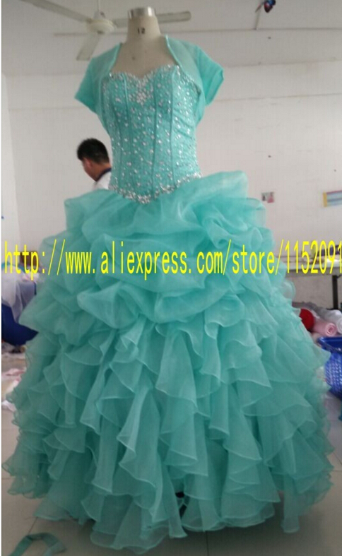 Fashion Mint Green Color Quinceanera Dresses 2015 For 15 Year Ball Gowns Ruffles Tiered Organza Vestidos De Quinceanera