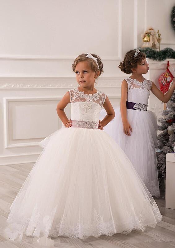 Lace Flower Girl Dress, 2015 White Kids Dress, Kids Party Dress For Weddings, Ball Gown Formal Kids Dress, First Communion Dress For Girls, Bow