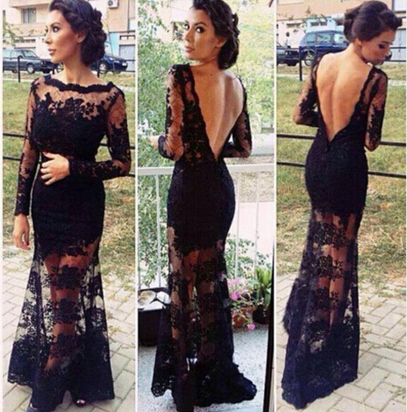 Long Sleeve Black Lace Prom Dresses 2016 Sexy Backless Mermaid Designer See Through Illusion Neckline Formal Sheer Party Dress Gowns Vestidos De