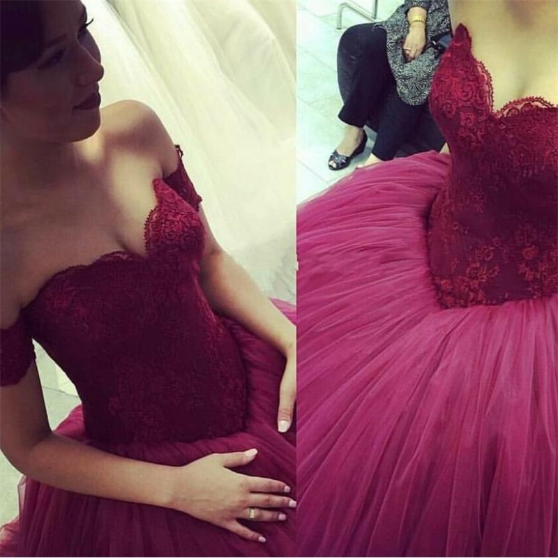 Off The Shoulder Burgundy Wedding Dresses, 2016 Sexy Sweetheart Puffy Prom Dresses, Romantic Burgundy Evening Dresses, Vintage Burgundy Lace