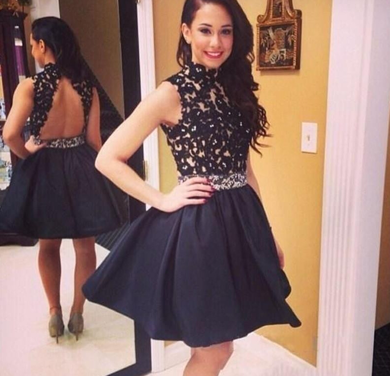 High Neck Short Prom Dress, Black Appliques Lace Short Cocktail Dress, Little Black Short Prom Dress Party Gowns, 2016 Puffy Prom Dress, Sexy