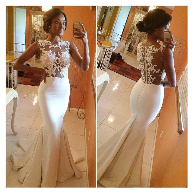 2016 Sheer White Lace Evening Dresses, Long Mermaid Vintage White Prom Dress, Sexy Mermaid Formal Party Dress, Illusion Neck White Appliques Long