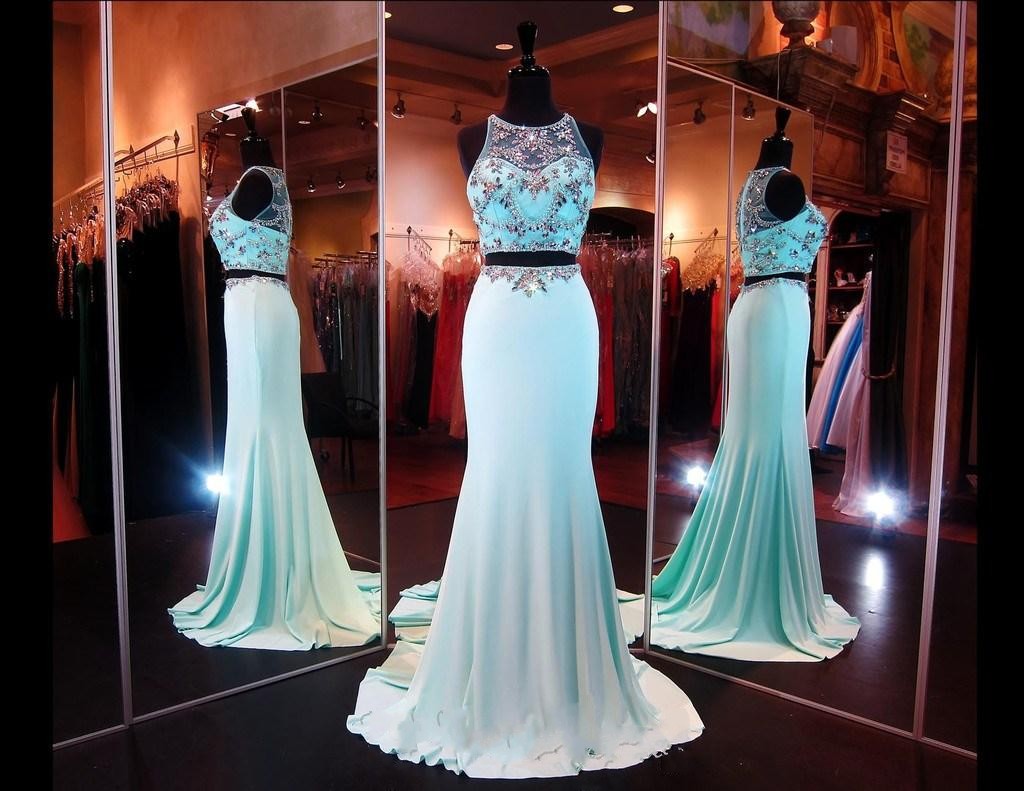 Two Pieces Long Prom Dress, Luxury Crystal Elegant Evening Dresses, 2016 Sexy Mermaid Long Party Dress, Elegant Turquoise Long Prom Dress, Custom