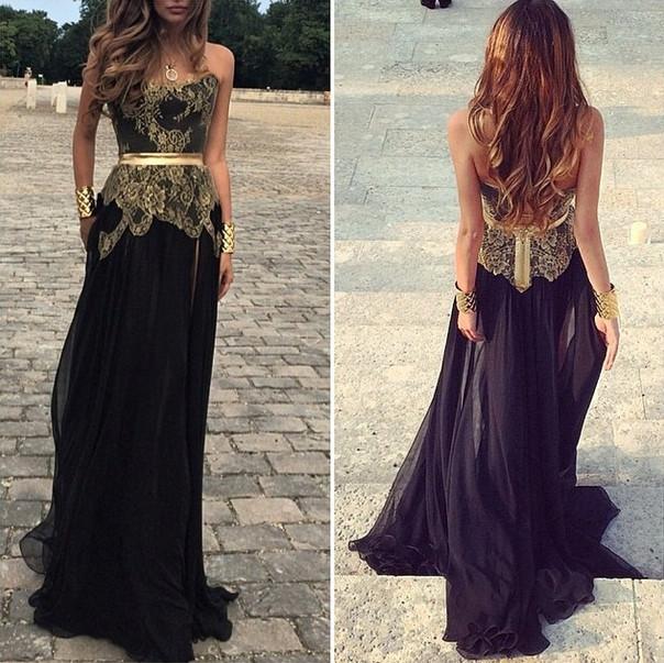 Long Black Prom Dresses, Sexy Backless Golden Lace Evening Dress, 2016 Long Black Prom Party Dress, Plus Size Vintage Black Party Dress With